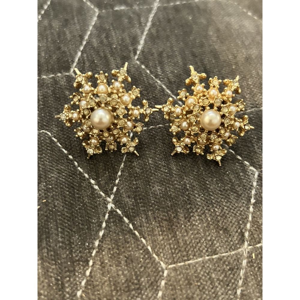 Vintage Triad Signed Rhinestone  Sunburst Gold Tone Screw back Earrings #466